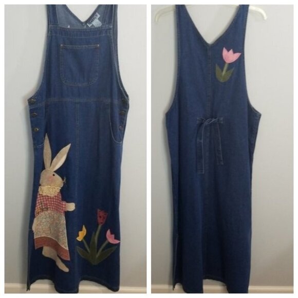 Vintage Denim overalls dress with Bunny Rabbit Applique size Medium - Picture 1 of 14
